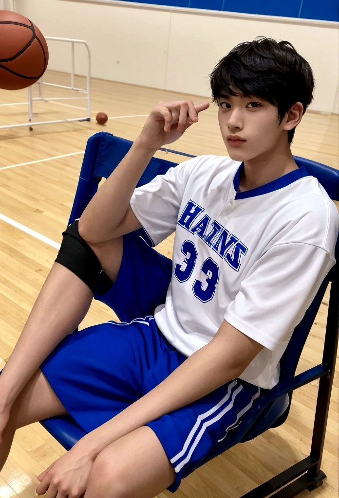 20-year-old male、Wearing Casey、Sitting in a chair、Holding the ball in your right hand、Right hand raised high、I&#39;m in a sports facility