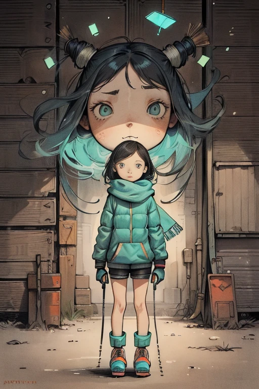 (ultra detailed,ultra high res,detailed background),((2D)),((flat color)),((muted color)),((floating neon)),1girl,solo,looking at viewer, BREAK, spray paint, graffiti, girl in a white fencing suit, long plush scarf, full body image, adult woman, anatomically perfect face, face in focus, symmetrical face, rollerskates