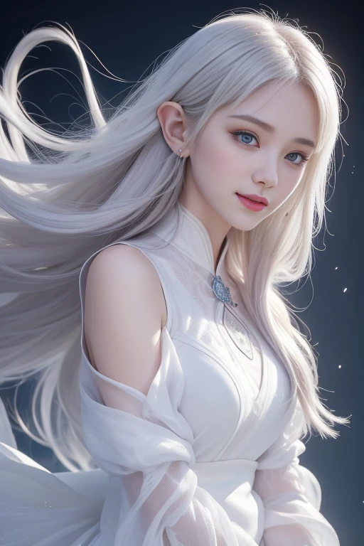 (Jesuo,Highest quality,Optimal,Official art,beautifully、aesthetic,exposed for a long time:1.2),Smooth movement,Attractive pattern, 1 girl,(Long Skirt with Sleeves:1.3),(((White clothes))),Upper body close-up,No shoulders,China Girl,Blush Lash,Long white hair, Portraiture,alone,whole body,Long white hair,Thin legs,smile,Face close-up,Ultra Wide Angle,Staring at the observer,Detailed Background,Detailed face,(Crystal AI, Crystal theme:1.1),Elemental Wind Elf,Swirling Wind,Controlling the Wind,White crystal clothes,Dynamic pose,Suspended particles,Spiritual Power,Swoosh,vapor,Whirlwind in the background,White Tone,Swoosh,Ethereal atmosphere,ghost、吸血ghost、full moon、