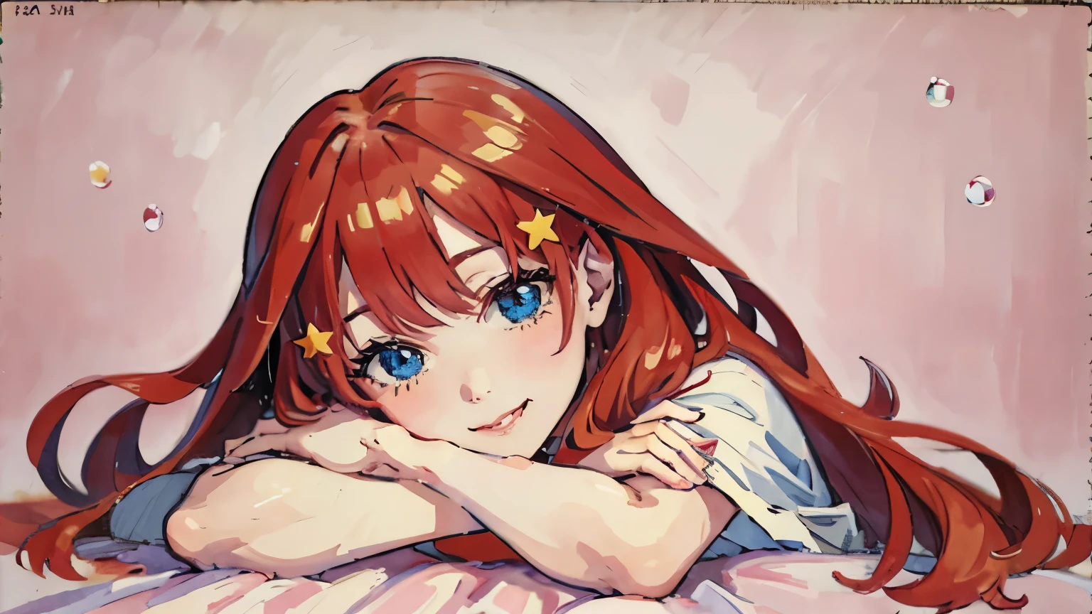 ((best quality)), ((masterpiece)), (detailed), perfect face, 1girl, nakano itsuki, smiling, whimsical, triad color pallette, hugging knees, looking at viewer, pink water droplets, smiling, flat colouring, full body, blank space on the left, fluffy red hair, star hairclips