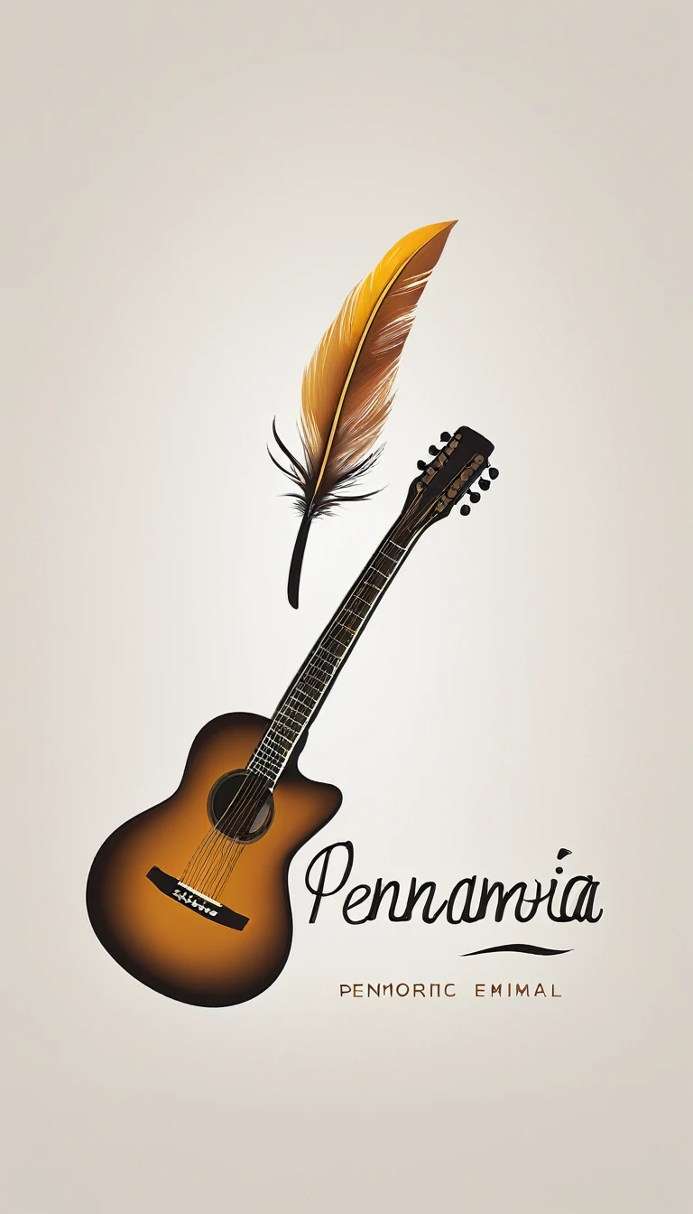 A minimal, modern, simple, cinematic logotype for the brand “Penamemoria". The logotype must be a simple, boy playing acoustic guitar with a feather. The logo must convey a sense of music, stories and dreams. Logo design impressed on a book cover. Minimalistic logo