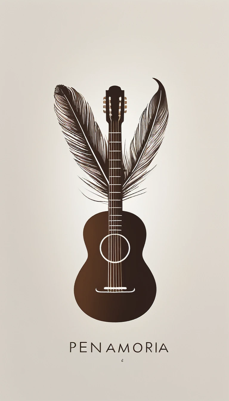 A minimal, modern, simple, cinematic logotype for the brand “Penamemoria". The logotype must be a simple, boy playing acoustic guitar with a feather. The logo must convey a sense of music, stories and dreams. Logo design impressed on a book cover. Minimalistic logo
