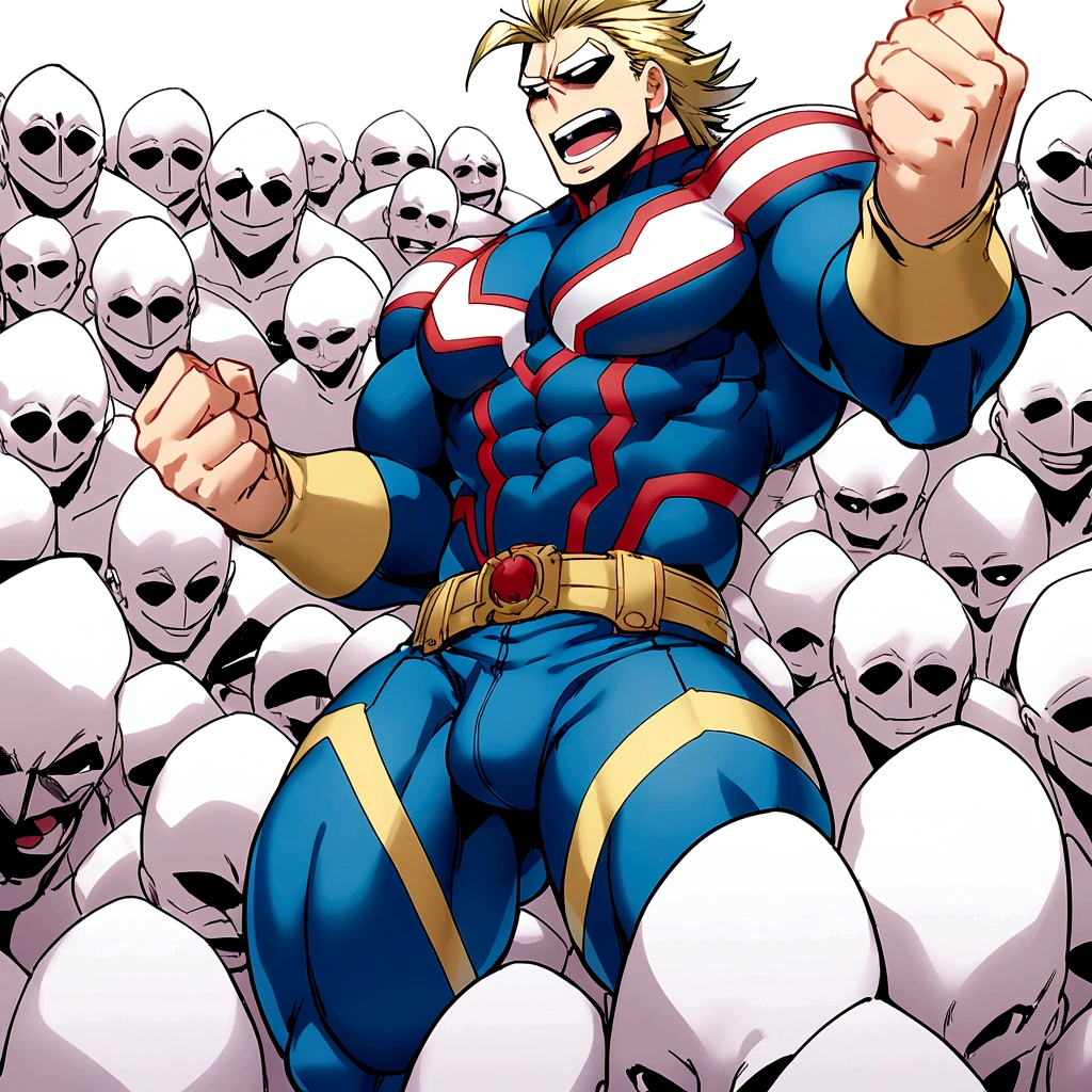 allmight, my hero academia, from front, super fine, bodysuits, lower body shot, middle-aged man, hunk, tight bodysuit, looking down and mouth wide open with shocked face, crotch get pinched by many people, crotch squeezed by many people,