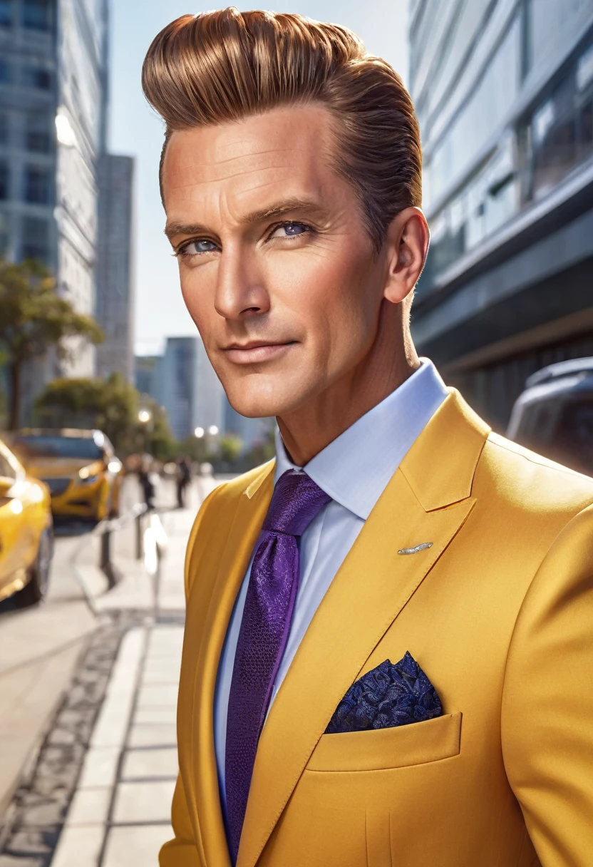 Masculine, tall, slicked back with elegant and modern quiff, middle-aged, front view, tanned, smooth, radiant, healthy skin, bright, navy blue eyes, with highlights, wearing yellow suit with orange details, confident smile, mouth semi-open, relaxed expression, salmon and deep red hair, pompadour hairstyle, shiny, detailed, navy blue earrings, yellow suit with orange details, elegant, purple pants, light brown tennis shoes, many accessories, full body, wearing a motorcycle, modern city background, office building, elegant, illuminated, 8k quality, extremely detailed, masterpiece, high resolution, realistic skin texture, hyper realistic, increase resolution, raw photos, best quality, highly detailed, background screen, cinematic lighting, ray trace, golden ratio, dynamic angle, close-up of face, looking at viewer, in elegant position, best posture