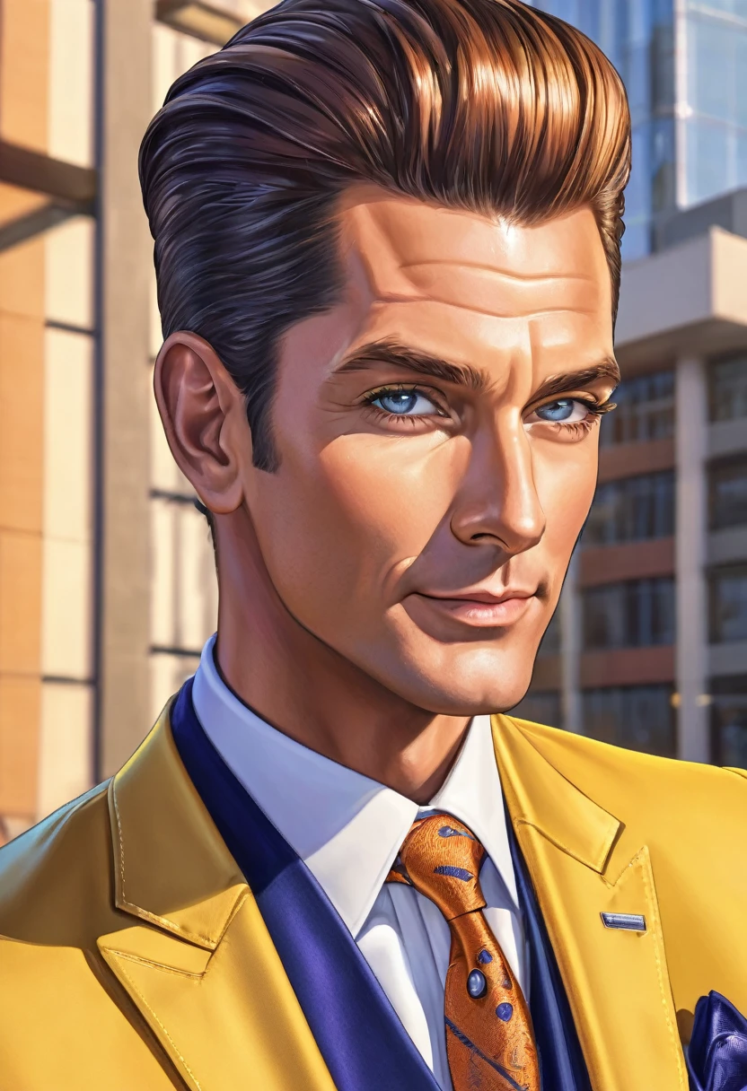Masculine, tall, slicked back with elegant and modern quiff, middle-aged, front view, tanned, smooth, radiant, healthy skin, bright, navy blue eyes, with highlights, wearing yellow suit with orange details, confident smile, mouth semi-open, relaxed expression, salmon and deep red hair, pompadour hairstyle, shiny, detailed, navy blue earrings, yellow suit with orange details, elegant, purple pants, light brown tennis shoes, many accessories, full body, wearing a motorcycle, modern city background, office building, elegant, illuminated, 8k quality, extremely detailed, masterpiece, high resolution, realistic skin texture, hyper realistic, increase resolution, raw photos, best quality, highly detailed, background screen, cinematic lighting, ray trace, golden ratio, dynamic angle, close-up of face, looking at viewer, in elegant position, best posture