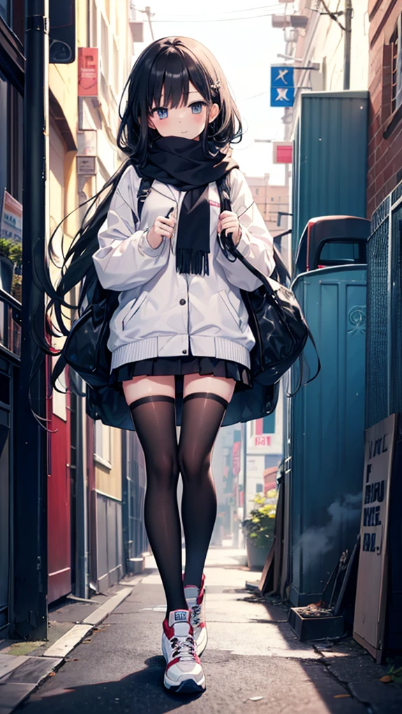 1girl,thighhighs,anklet,black hair,straight_hair,hime cut,long hair,sneakers,huge filesize,scarf