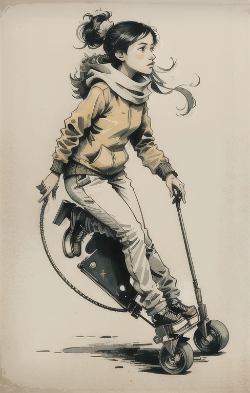 (ultra detailed,ultra high res,detailed background),((2D)),((flat color)),((muted color)),((floating neon)),1girl,solo,looking at viewer, BREAK, spray paint, graffiti, girl in a white fencing suit, long plush scarf, full body image, adult woman, anatomically perfect face, face in focus, symmetrical face, rollerskates