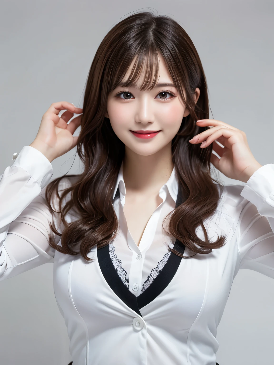 Tabletop, Highest quality, shape, Very detailed, In detail, High resolution, 8k wallpaper, Perfect dynamic composition, Beautiful details, White Magic Academy Uniform, Natural Lip, Big Breasts, Exposing the breasts,Asymmetrical Wave Hairstyle, smile, White Background