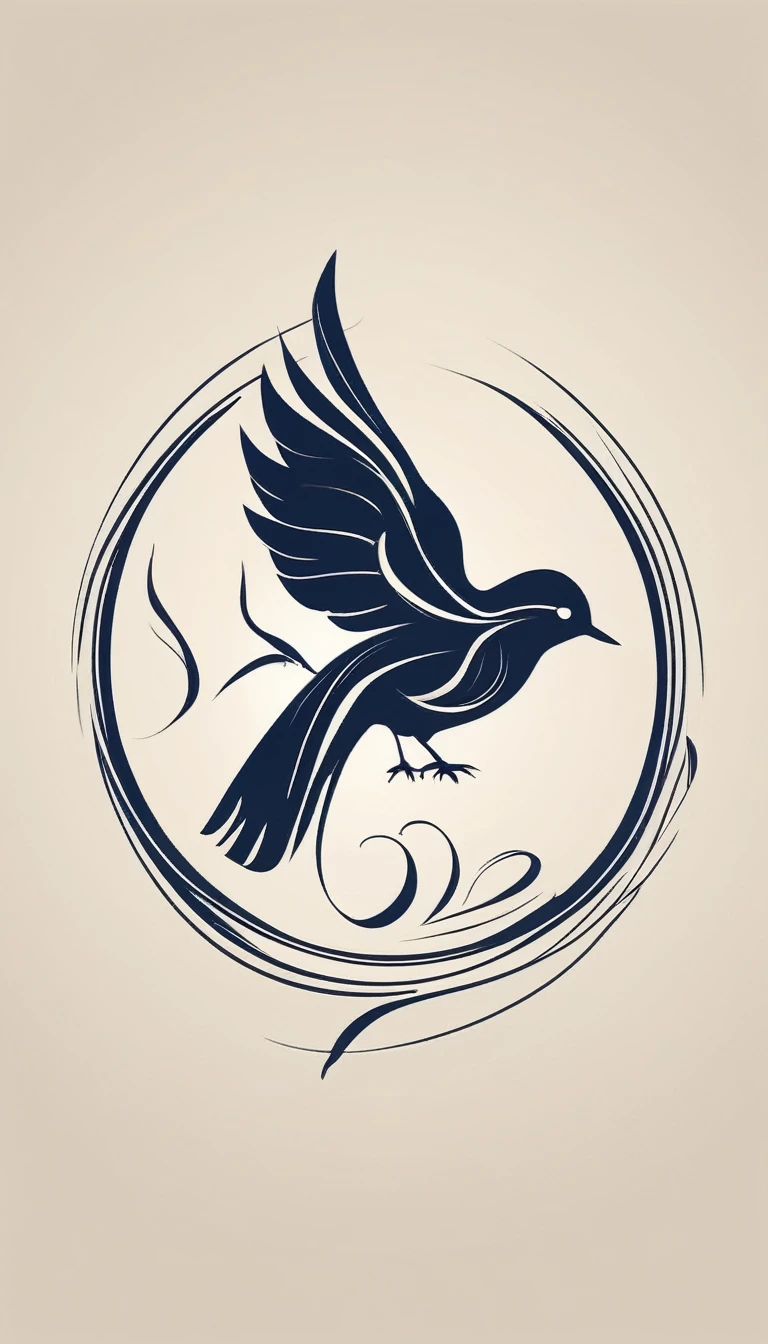Create a cinematic, abstract symbol for a film production company based on stories and music. The logo should represent the companionship between a boy musician, A Storyteller Fantasy Bird and a Dreamy Feather. Minimalist symbol design