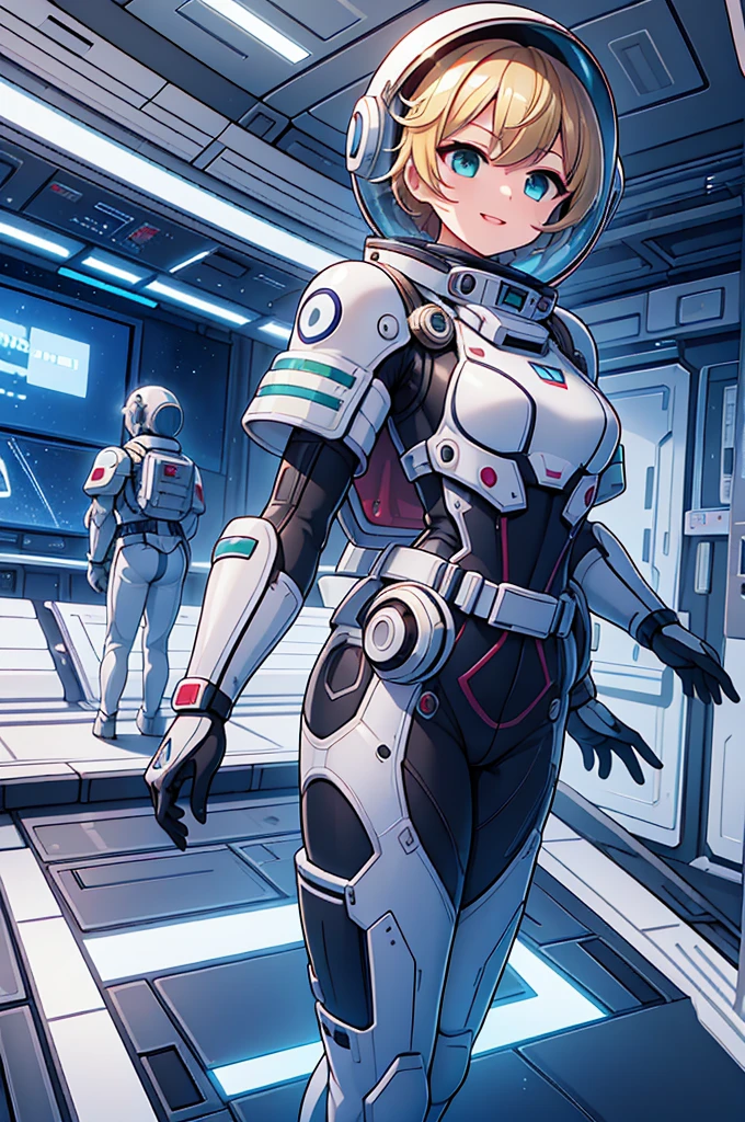 One girl, blonde_hair, 一人in,(Space Helmet):6, green_eye, Looking_in_Audience,greenと白のFuturistic_diving_suit, Realistic, chest, short_hair, lips, Moderate_chest, cyborg_Enhancements, expensive_technology_armor, underwiner, Coral_Reef, tropical_fish, sunlight_light, Futuristic_breinhing_apparinus,Smile