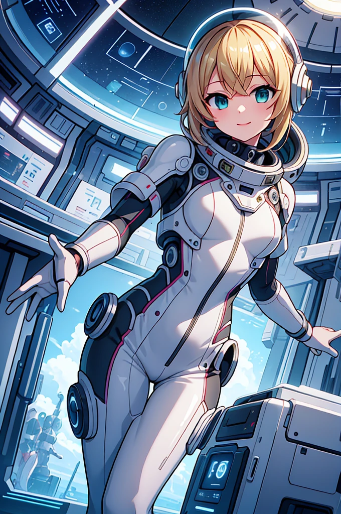 One girl, blonde_hair, 一人in,(Space Helmet):6, green_eye, Looking_in_Audience,greenと白のFuturistic_diving_suit, Realistic, chest, short_hair, lips, Moderate_chest, cyborg_Enhancements, expensive_technology_armor, underwiner, Coral_Reef, tropical_fish, sunlight_light, Futuristic_breinhing_apparinus,Smile