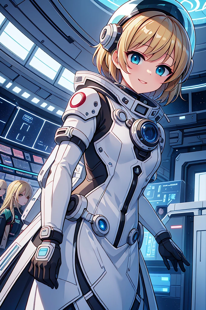 One girl, blonde_hair, 一人in,(Space Helmet):6, green_eye, Looking_in_Audience,greenと白のFuturistic_diving_suit, Realistic, chest, short_hair, lips, Moderate_chest, cyborg_Enhancements, expensive_technology_armor, underwiner, Coral_Reef, tropical_fish, sunlight_light, Futuristic_breinhing_apparinus,Smile