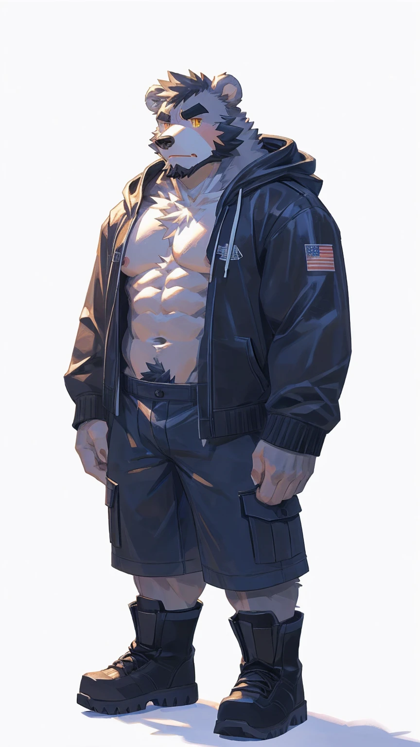 (masterpiece:1.2), best quality,pixiv,official art,perfect anatomy, (Ray tracing, light),solo, (1_male:1.3) , (muscle), (gray fur:1.4), (muscle bear), (beard:1.2), (gleaming golden eyes), Thick black eyebrows, (open hoodie:1.3), (naked inside:1.2), cargo shorts, boots, standing alone, unhappy , (pure white background with a big hourglass :1.3) , less background