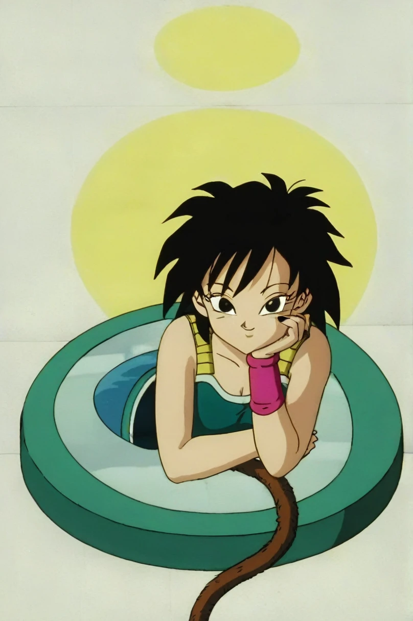 fountain_cheered up, score_9,score_8_above, score_7_above, gineDb, cheered up screencap,
1 girl, Alone, old, looking at the viewer, SMILE, short hair, simple background, black fur, neckline, bare shoulders, medium old, Closed mouth, aboveper body, retro artStyle, 1990s \(Style\), Gray background, black eyes, nails, hands above, bare arms, eyelashes, half closed eyes, happy, own hands together, spiky hair, pink bracelet, intertwined fingers, headrest, elbow rest, saiyajin armadura, green saiyajin armadura, Eyebrows, v-shaped Eyebrows, sexy body, tight bare ass