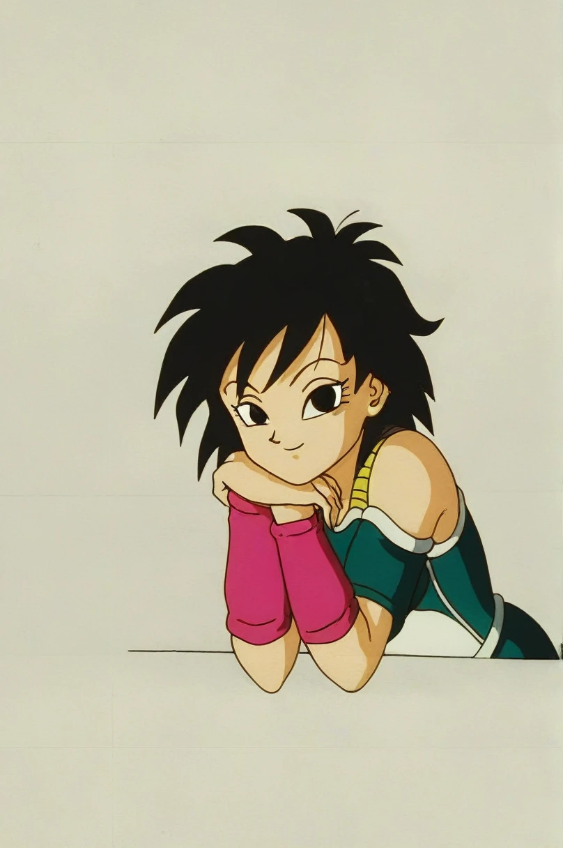 fountain_cheered up, score_9,score_8_above, score_7_above, gineDb, cheered up screencap,
1 girl, Alone, old, looking at the viewer, SMILE, short hair, simple background, black fur, neckline, bare shoulders, medium old, Closed mouth, aboveper body, retro artStyle, 1990s \(Style\), Gray background, black eyes, nails, hands above, bare arms, eyelashes, half closed eyes, happy, own hands together, spiky hair, pink bracelet, intertwined fingers, headrest, elbow rest, saiyajin armadura, green saiyajin armadura, Eyebrows, v-shaped Eyebrows, sexy body, tight bare ass