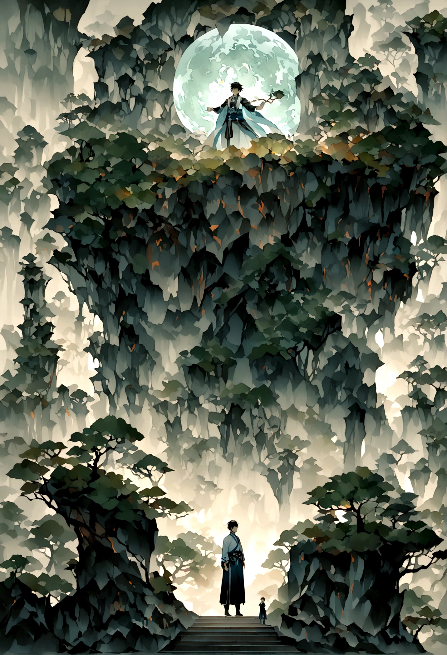 grotto,forest,There is a big rock in the sky,The stone is glowing,White light,A boy standing below,((boy)),Childlike,short hair,((Chinese style,Immortal World,Xianxia World))
