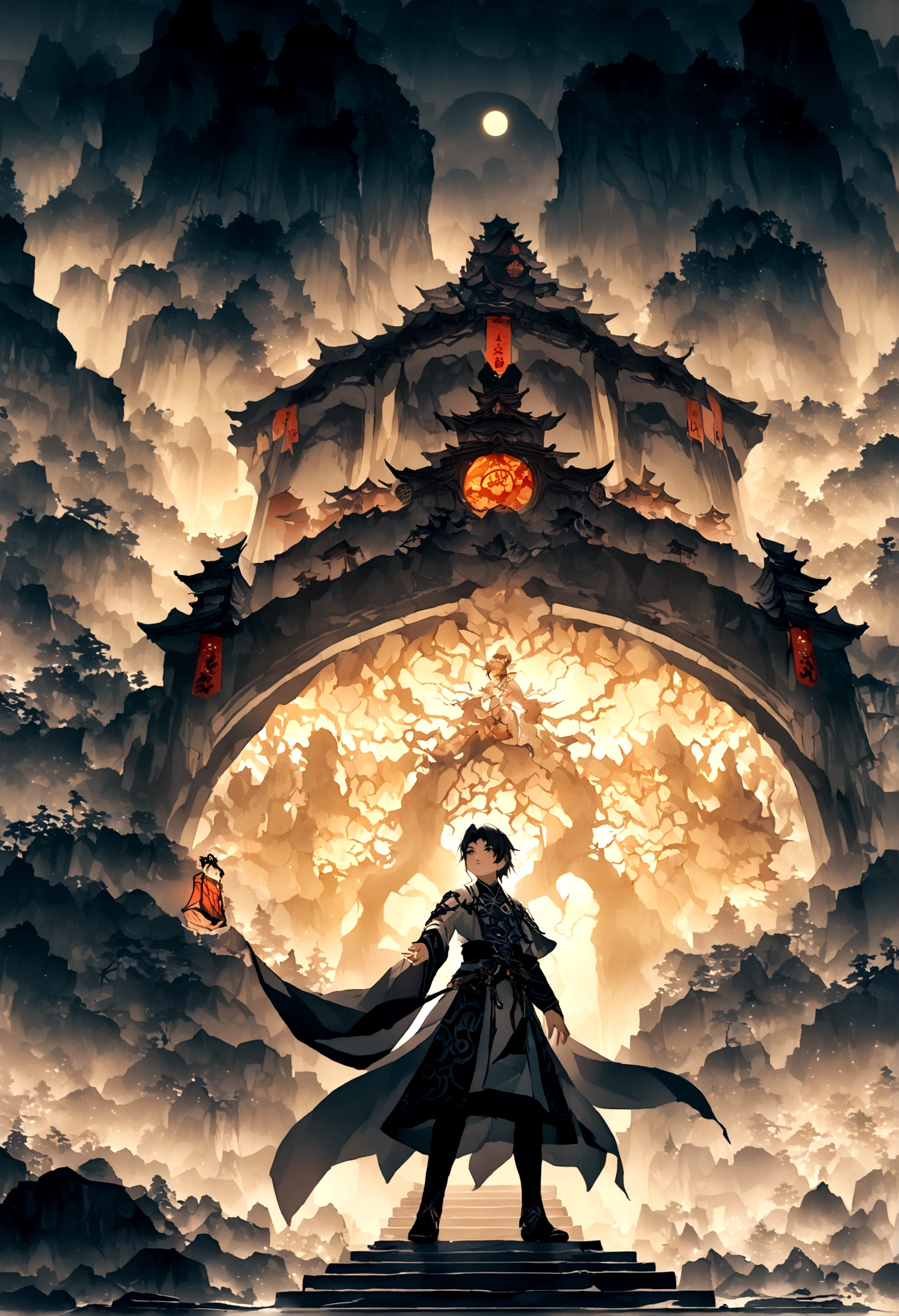 grotto,forest,There is a big rock in the sky,The stone is glowing,White light,A boy standing below,((boy)),Childlike,short hair,((Chinese style,Immortal World,Xianxia World))