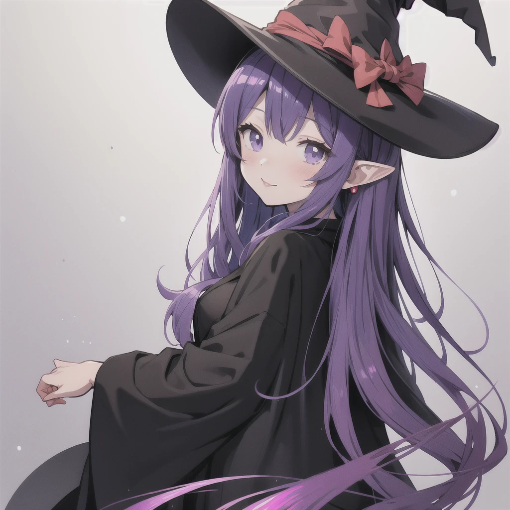 anime girl long purple hair wearing a black Robe. she has pointy ears. Witch Hat. Manga kawaii. iridescent ,An illustration, 0ne person .look back