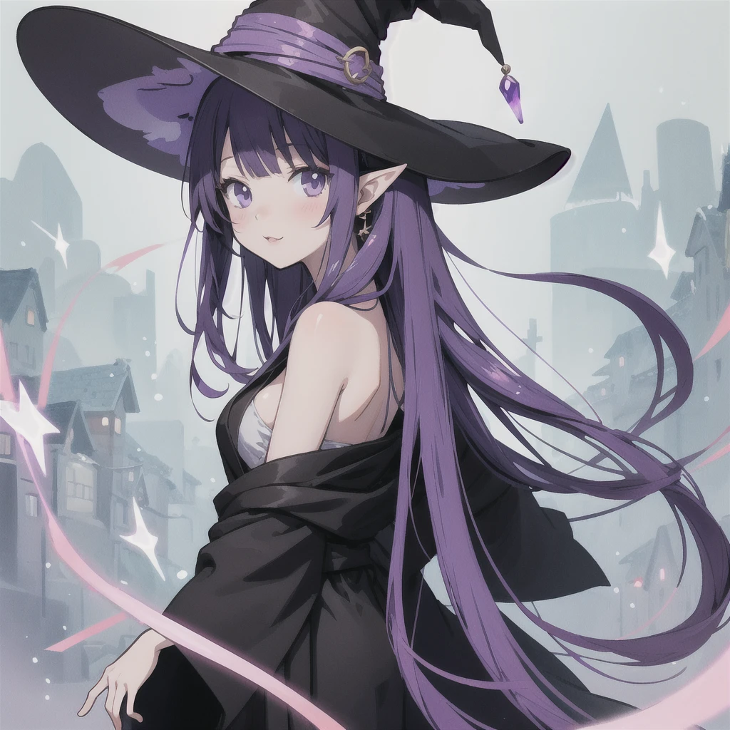anime girl long purple hair wearing a black Robe. she has pointy ears. Witch Hat. Manga kawaii. iridescent ,An illustration, 0ne person .look back