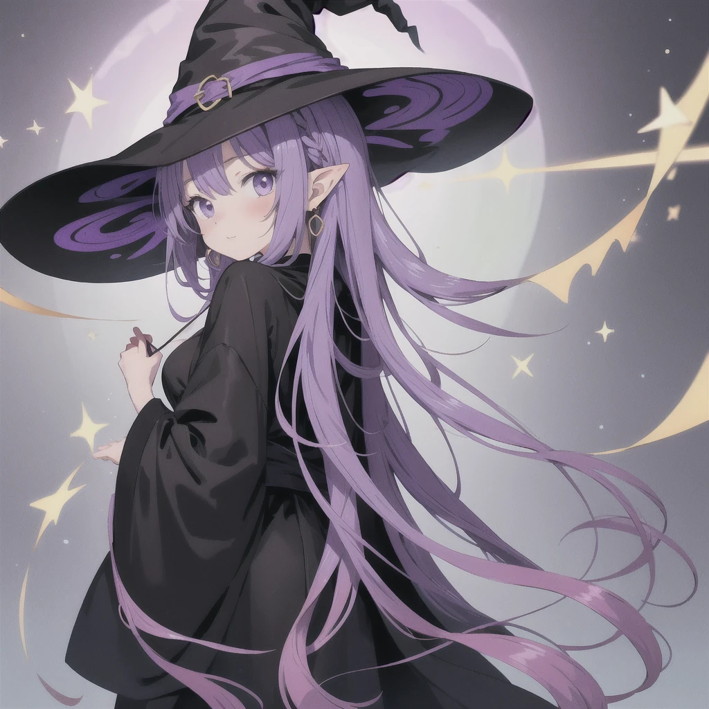 anime girl long purple hair wearing a black Robe. she has pointy ears. Witch Hat. Manga kawaii. iridescent ,An illustration, 0ne person .look back