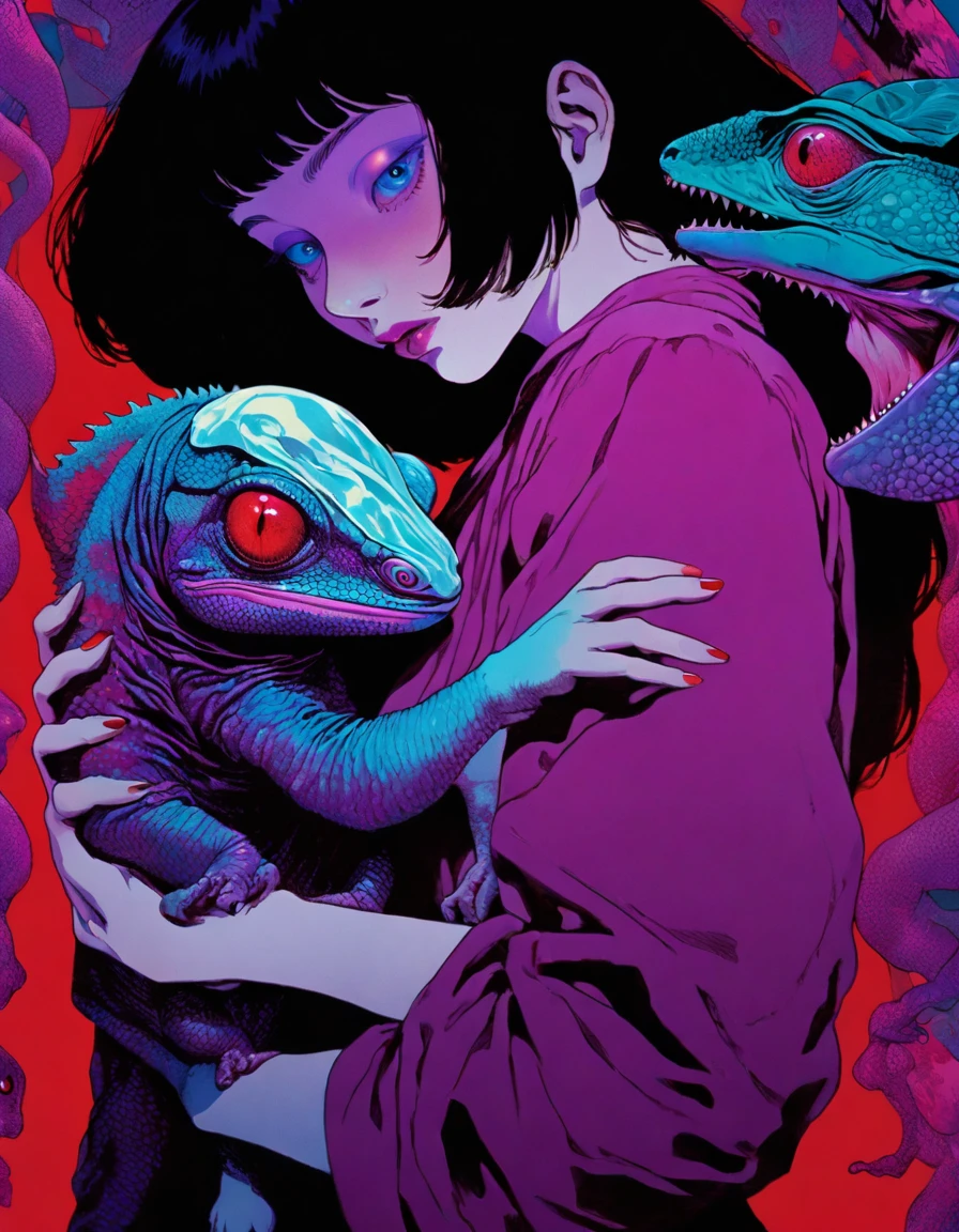 illust、art、from 80s horror movie, directed by Junji Ito、Woman holding giant chameleon fetus、Stylish、high detail, realsitic shadow、Analog style, vhs style, 8mm film, chromatic aberration, Dvd screengrab、Blue-purple and red-purple gradation、Surrealism