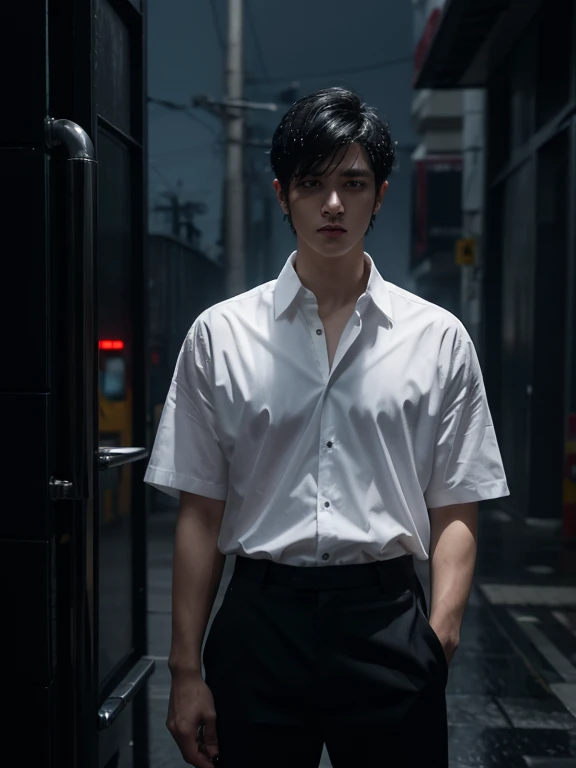 Black short hair,male,Black eyes,Cold eyes,White shirt,Black trousers,Blood,night,rain,Half Body,Standing,Uncomfortable atmosphere,Killer