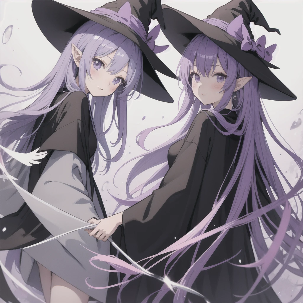 anime girl long purple hair wearing a black Robe. she has pointy ears. Witch Hat. Manga kawaii. iridescent ,An illustration, 0ne person .look back