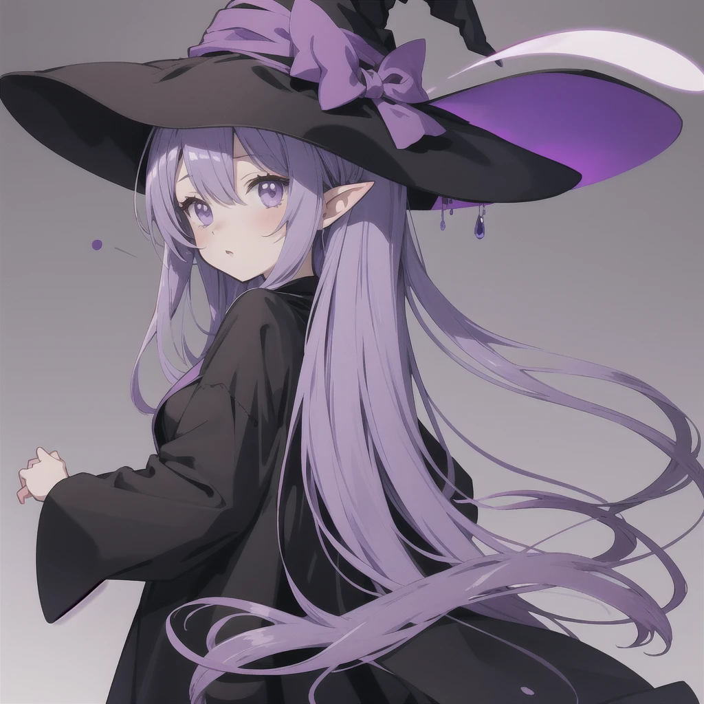 anime girl long purple hair wearing a black Robe. she has pointy ears. Witch Hat. Manga kawaii. iridescent ,An illustration, 0ne person .look back