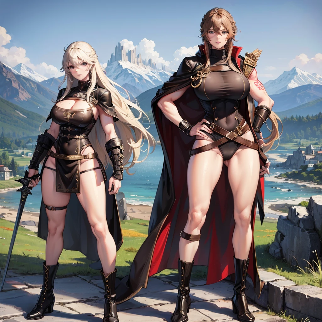 Black Viking left arm tattoo design, a full body muscular viking man and beautiful blond woman showing big busty and butt without any clouds showing pussy, muscular legs, holding big sword with right hand, brown hair divided with bangs, perfect eyes, wearing warrior leather shoes, wearing warrior boots, lake and mountains in the background.
