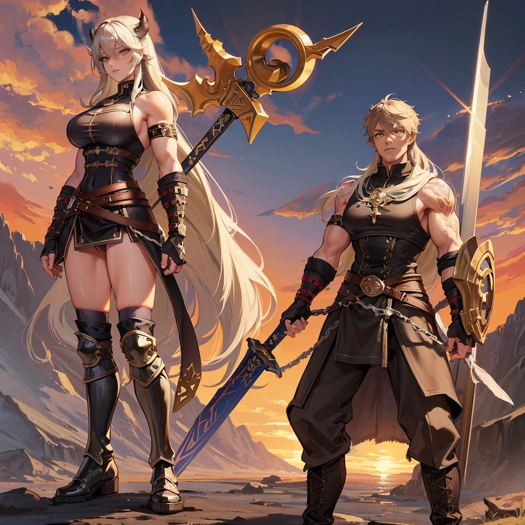 Black Viking left arm tattoo design, a full body muscular viking man and beautiful blond woman showing big busty and butt without any clouds showing pussy, muscular legs, holding big sword with right hand, brown hair divided with bangs, perfect eyes, wearing warrior leather shoes, wearing warrior boots, lake and mountains in the background.