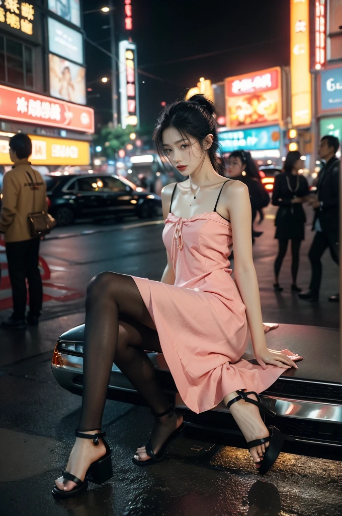 (((best quality))),(((ultra detailed))),(((masterpiece))),illustration,1girl,slim,sun-kissed skin,vibrant rose-pink cotton dress,short ponytail,flat chest,slender legs,pantyhose,sandals, bustling city streets, honking cars,surrounded by crowded crowds, colorful advertisements,grilled skewers,enjoying sights and sounds,(darkened black skin:1.5)