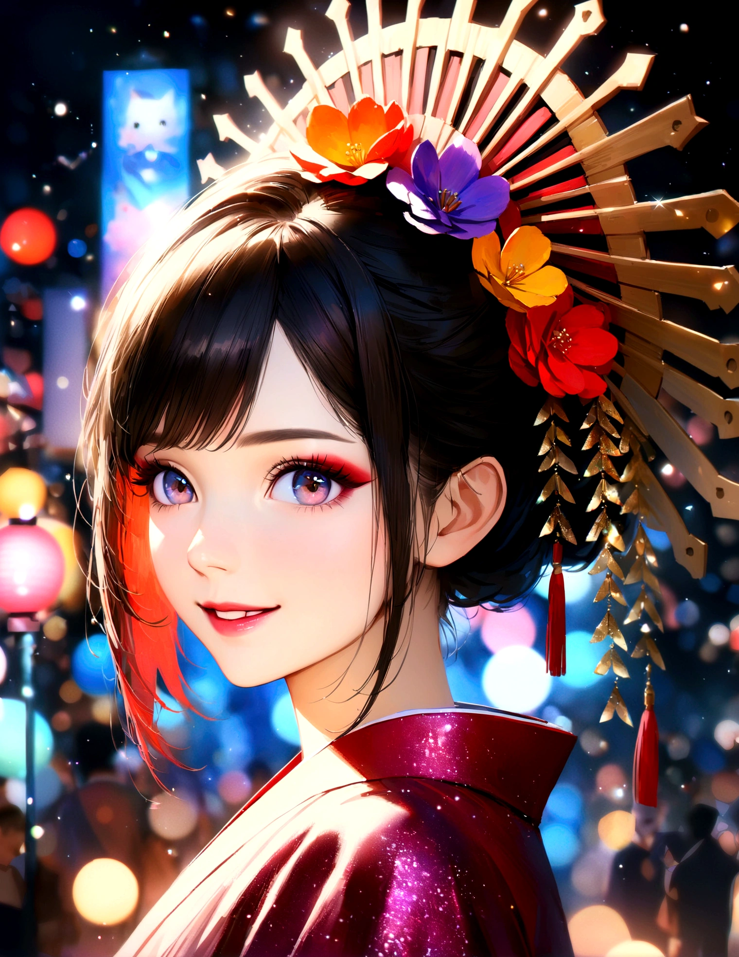 Kyoto, kimono,Maiko makeup,Blur the background,young woman,smile,Glitter effect,Highest quality, 8K, High resolution, masterpiece:1.2, Very detailed, Realistic:1.37, High resolution, 超High resolution, Ultra-fine painting, Professional, Vibrant colors