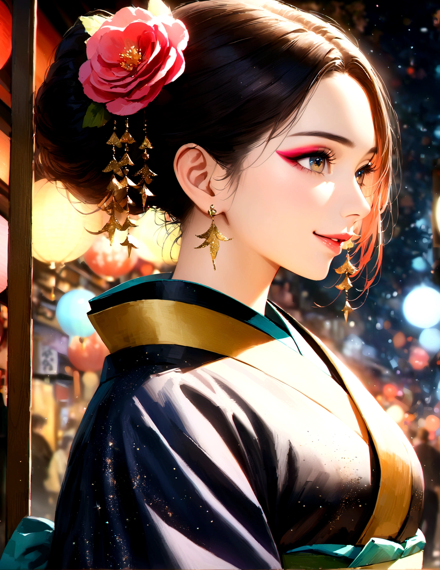 Kyoto, kimono,Maiko makeup,Blur the background,young woman,smile,Glitter effect,Highest quality, 8K, High resolution, masterpiece:1.2, Very detailed, Realistic:1.37, High resolution, 超High resolution, Ultra-fine painting, Professional, Vibrant colors