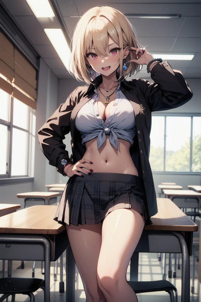 1girl, indoors, shirt, breasts, navel, tied shirt, solo, jewelry, skirt, bracelet, red eyes, blonde hair, short hair, smile, looking at viewer, red skirt, large breasts, plaid skirt, open mouth, wet, plaid, dark-skinned female, wet shirt, dark skin, necklace, wet clothes, bangs, white shirt, cleavage, collared shirt, gyaru, window, :d, blush, hair between eyes, desk, classroom, earrings, pleated skirt, hand on hip, standing, collarbone, stomach, chair, see-through, midriff, miniskirt, shiny skin, school desk, hand up, cowboy shot, , thighs, teeth, school chair, day, groin, contrapposto, shiny, ear piercing, piercing, ass visible through thighs, no bra, dress shirt, sleeves rolled up, bead bracelet, stud earrings, long sleeves, tan, front-tie top, upper teeth only, see-through shirt, crop top, bangle, nail polish, fingernails, hand in own hair, sunlight, kogal, star (symbol), covered nipples, tiles, backlighting, wing collar, pendant, sweat, medium hair, beads, short sleeves, curtains, multiple earrings, wristband, open shirt, tile floor, no panties, open clothes, hair intakes, table, long fingernails, unbuttoned, cross necklace, heart necklace, lower teeth only, partially unbuttoned, microskirt, feet out of frame, simple background, cross, crossed bangs, chalkboard, star earrings, lowleg, bob cut, eyelashes, signature, medium breasts, legs apart, sidelocks, mole, navel piercing, tree, artist name, shiny hair, unbuttoned shirt, white background, ceiling, school, wet hair, arm up, hair tucking, bare legs, pink nails, no humans, sitting, hoop earrings, heart, buttons, skindentation, round teeth, white nails, long hair, red nails, Uniform distribution, see-through silhouette, socks, evening, fang, shadow, mole on breast, water, hand to head, sleeves past elbows, tongue, holding, nipples, pearl bracelet, glint,