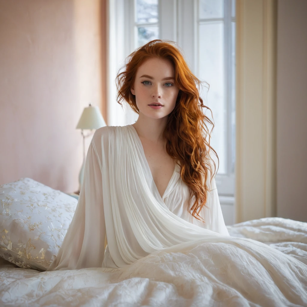 {type: photoréaliste}{subject: femme de 21 ans rousse aux yeux clairs, allongée sur un lit nue couleur}{environment: chambre avec draps blancs et doux, éclairage ambiant chaud}{details: cheveux roux légèrement ondulés, cils courbés, pose détendue}{style: réaliste, détaillé}{camera: Canon EOS R5, objectif 50mm f/1.2, prise de vue moyenne}{lighting: lumière naturelle et douce, ambiance chaleureuse}{resolution: 4K, haute définition}