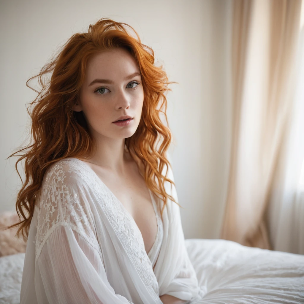 {type: photoréaliste}{subject: femme de 21 ans rousse aux yeux clairs, allongée sur un lit dentelle noire}{environment: chambre avec draps blancs et doux, éclairage ambiant chaud}{details: cheveux roux légèrement ondulés, cils courbés, pose détendue, corp entier}{style: réaliste, détaillé}{camera: Canon EOS R5, objectif 50mm f/1.2, prise de vue moyenne}{lighting: lumière naturelle et douce, ambiance chaleureuse}{resolution: 4K, haute définition}