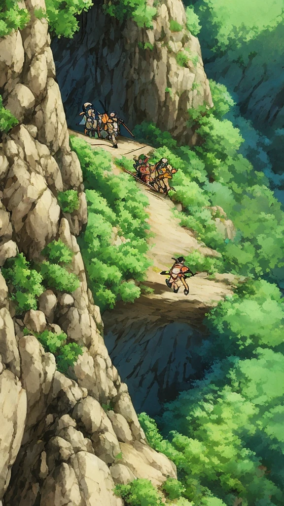A drawing of 30 people climbing in challenging mountains, studio ghibli style, people placed randomly in mountains.