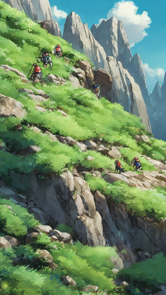 A drawing of 30 people climbing in challenging mountains, studio ghibli style, people placed randomly in mountains.