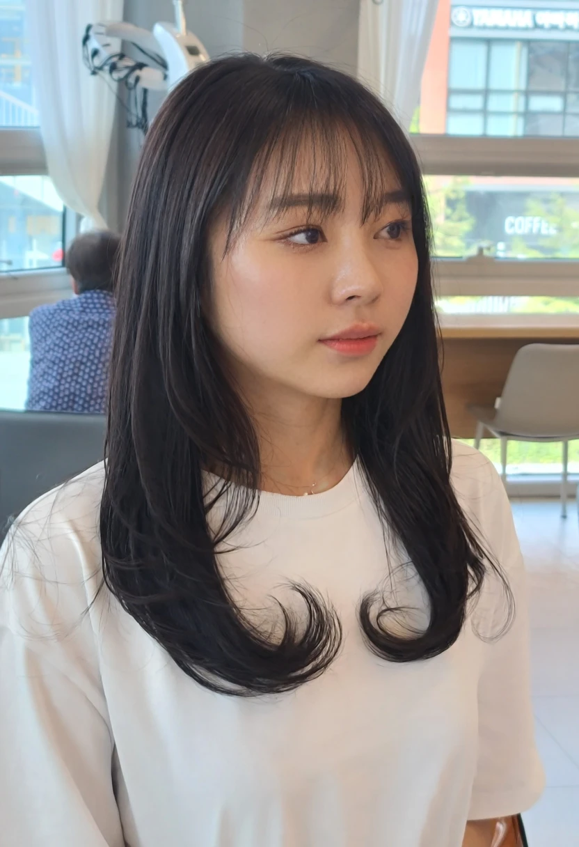 Best Quality, 8k, Masterpiece, (Portrait: 1.3), (photo realistic:1.4), (hyper realistic:1.4), Sharp Focus, looking at viewer, (smoother lighting:1.1), (increase cinematic lighting quality:0.9), realistic lighting, backlighting, light on face, ray trace, (brightening light:1.2), (Increase quality:1.4), sharp detail, (best quality real texture skin:1.4), finely detailed eyes, black_eyes, finely detailed face, 25 year old Korean woman