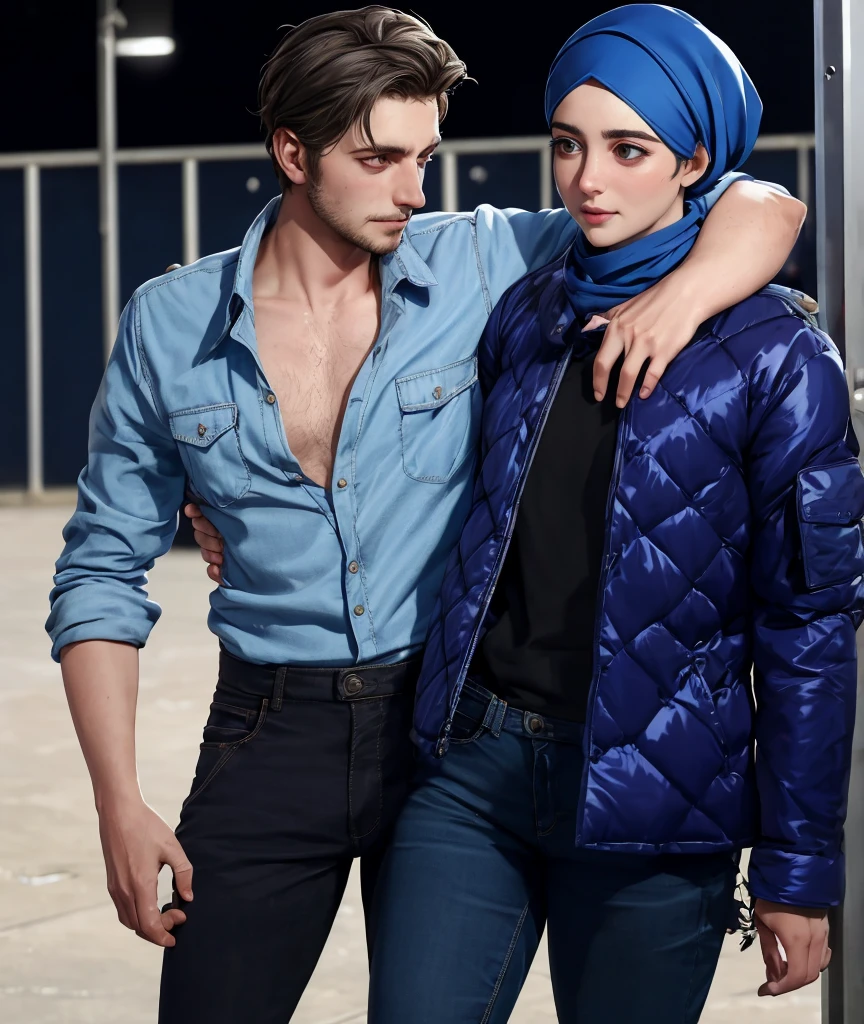 A young German man in a blue cotton shirt and jeans and a Syrian woman in a shiny plastic quilted coat and blue satin headscarf stand arm in arm in front of a refugee shelter, A German man in a cotton shirt and jeans is injured and is supported by a Syrian woman, A Syrian woman wearing a shiny plastic down coat supports an injured short-haired man, who can't walk alone, A Syrian woman wearing a headscarf holds an injured short-haired man in her arms, compassion, accident, injury, first aid, theater, ultra-realistic, photo