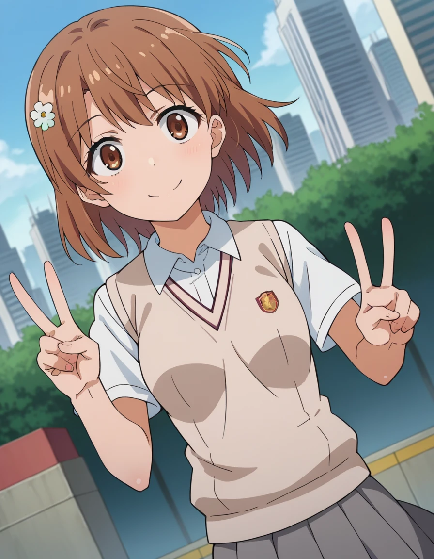 score_9, score_8_superior, score_7_superior, sauce_anime,
Mitocho Misaka, ミコトがsuperiorがった, short hair, Brown Hair, hair ornaments, Hair Flowers, Brown eyes, smile,
skirt, shirt, , white shirt, Short sleeve, pleated skirt, grey skirt, Sweater vest, tokiwadai , V-neck,
Outdoor, Cityscape,
View your viewers, Cowboy Shot, Dutch Angle,