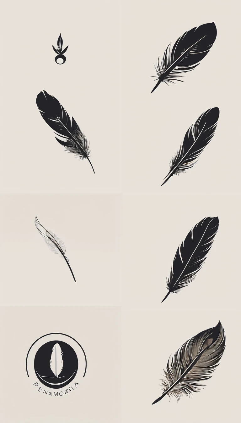 A minimal, modern, simple, cinematic logo design for the brand “Penamemoria". Create a modern, minimalistic, high-quality, logo of a bird feather