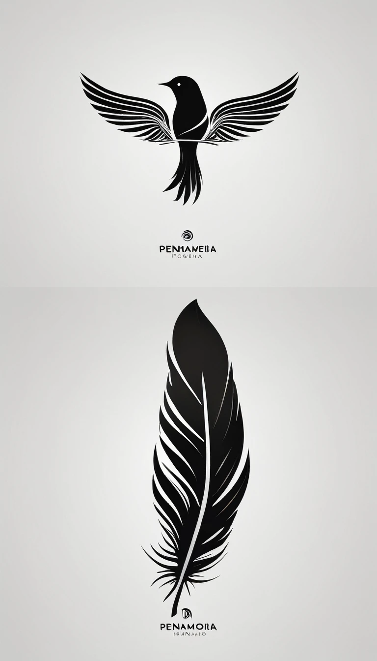 A minimal, modern, simple, cinematic logo design for the brand “Penamemoria". Create a modern, minimalistic, high-quality, logo of a bird feather