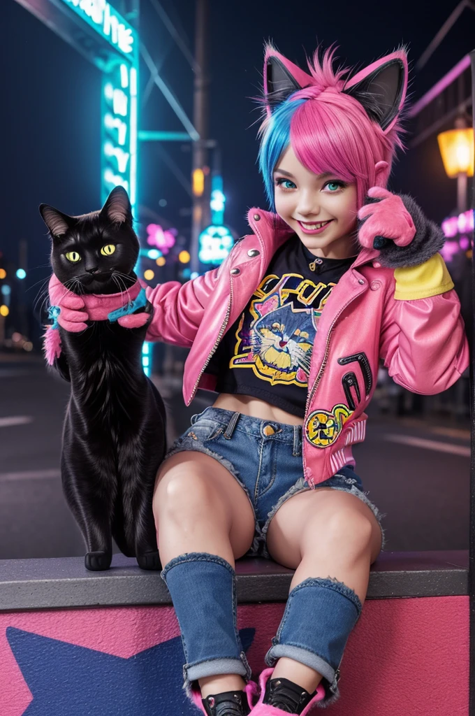 , an extremely cute and beautiful girl, highly detailed beautiful face and red eyes,(jean shoes:1.2) cute, (evil smile:1.2), multicolored hair, very short hair, animal ears, wolf ears,, colorful jacket, neon colors, punk rock, shorts, piercing, full body, paw pose, (cat paw gloves:1.3)