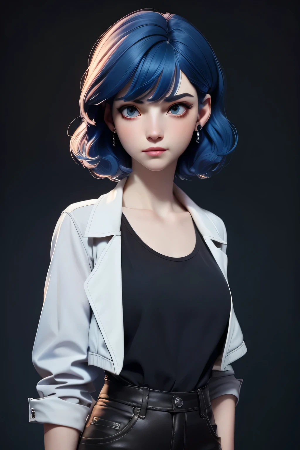 Masterpiece, Best quality, 1girll, Black eyes, Pale skin, blue hair, Wavy hair, Short hair, bangs covering eyes, Earrings, Long blue jacket, Gilet blanc, Black pants, Simple background, Solo, Upper body