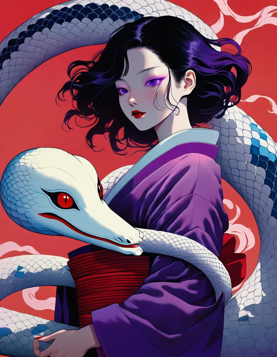 illust、art、from 80s horror movie, directed by Junji Ito、A woman in a kimono embracing a giant white snake、Stylish、high detail, realsitic shadow、Analog style, vhs style, 8mm film, chromatic aberration, Dvd screengrab、Blue-purple and red-purple gradation、Surrealism
