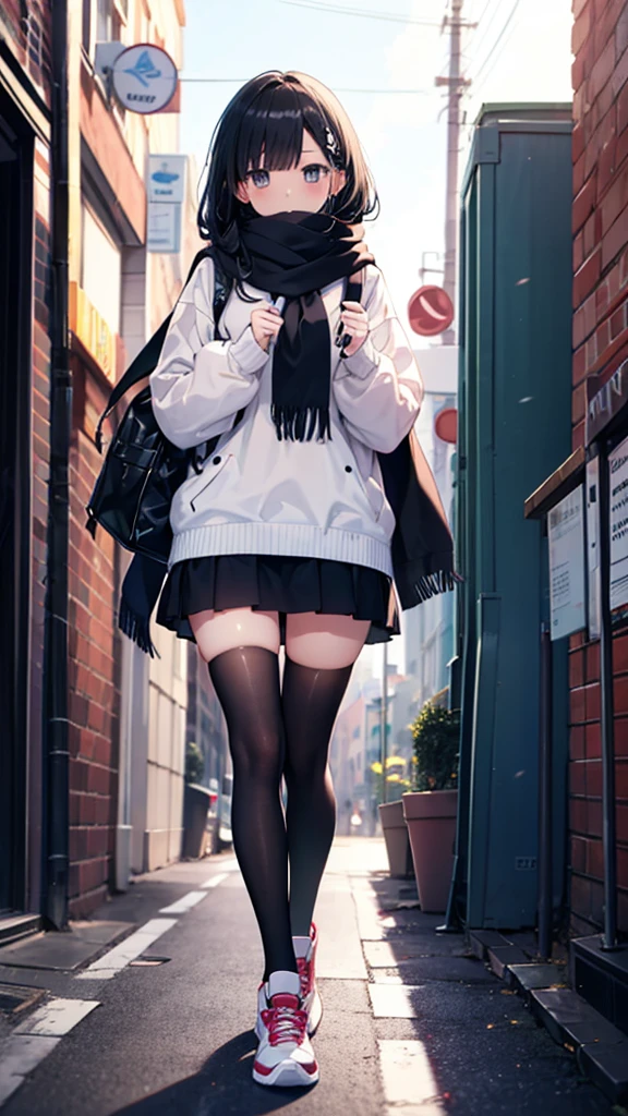 1girl,thighhighs,anklet,black hair,straight_hair,hime cut,long hair,sneakers,huge filesize,scarf,