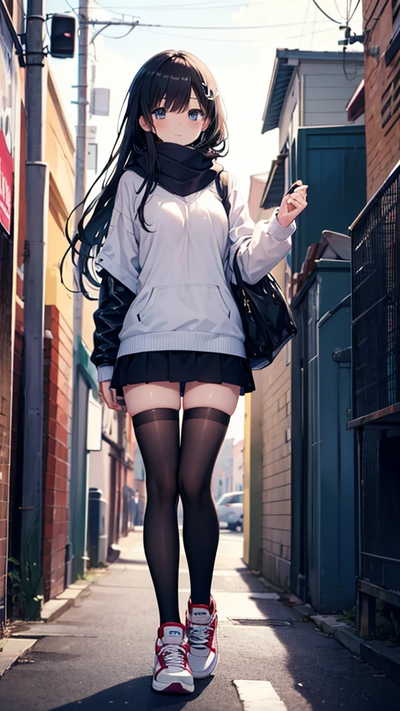 1girl,thighhighs,anklet,black hair,straight_hair,hime cut,long hair,sneakers,huge filesize,scarf,