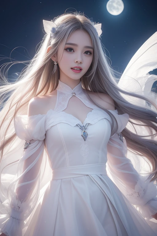 Jesuo，Highest quality，Optimal，Official art，beautifully、aesthetic，exposed for a long time：1.2），Smooth movement，Attractive pattern， 1 girl，（Long Skirt with Sleeves：1.3），(((White clothes)))，No shoulders，China Girl，Blush Lash，Long white hair， Portraiture，alone，whole body，Long white hair，Thin legs，smile，Double teeth，Ultra Wide Angle，Staring at the observer，Detailed Background，Detailed face，(Crystal AI, Crystal theme:1.1)，Elemental Wind Elf，Swirling Wind，Controlling the Wind，White crystal clothes，Dynamic pose，Suspended particles，Spiritual Power，Swoosh，vapor，Whirlwind in the background，White Tone，Swoosh，Ethereal atmosphere，ghost、吸血ghost、（Bright red full moon）、