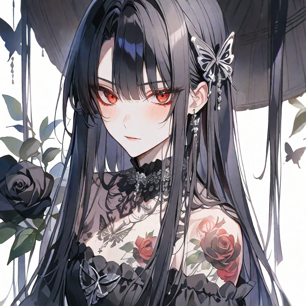独奏, handsome, Watercolor,
1. male,
hime cut,Straight Hair,long Hair,
black hair,
red Eyes,Soft look,Lolita,Black Rose Tattoo,butterfly Tattoo,
black knit,
skin,Silver Accessories,
White background,
